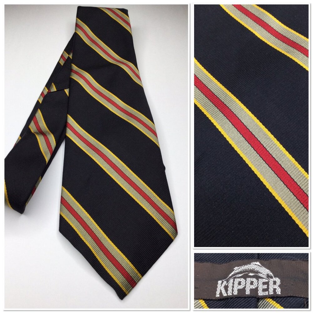 Vintage Kipper Wide Striped Mens Tie Black Red Yellow Old Money Academia Preppy